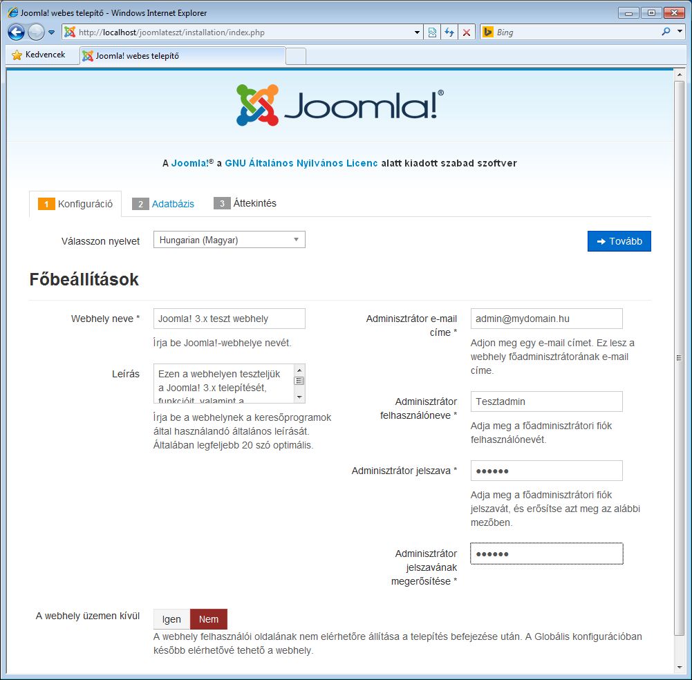 Joomla! 3.x telepítése 1. képernyő