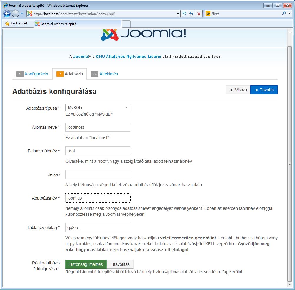 Joomla! 3.x telepítése 2. képernyő