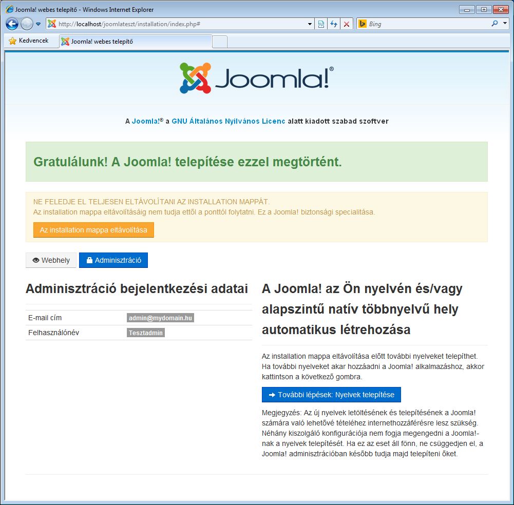 Joomla! 3.x telepítése 5. képernyő