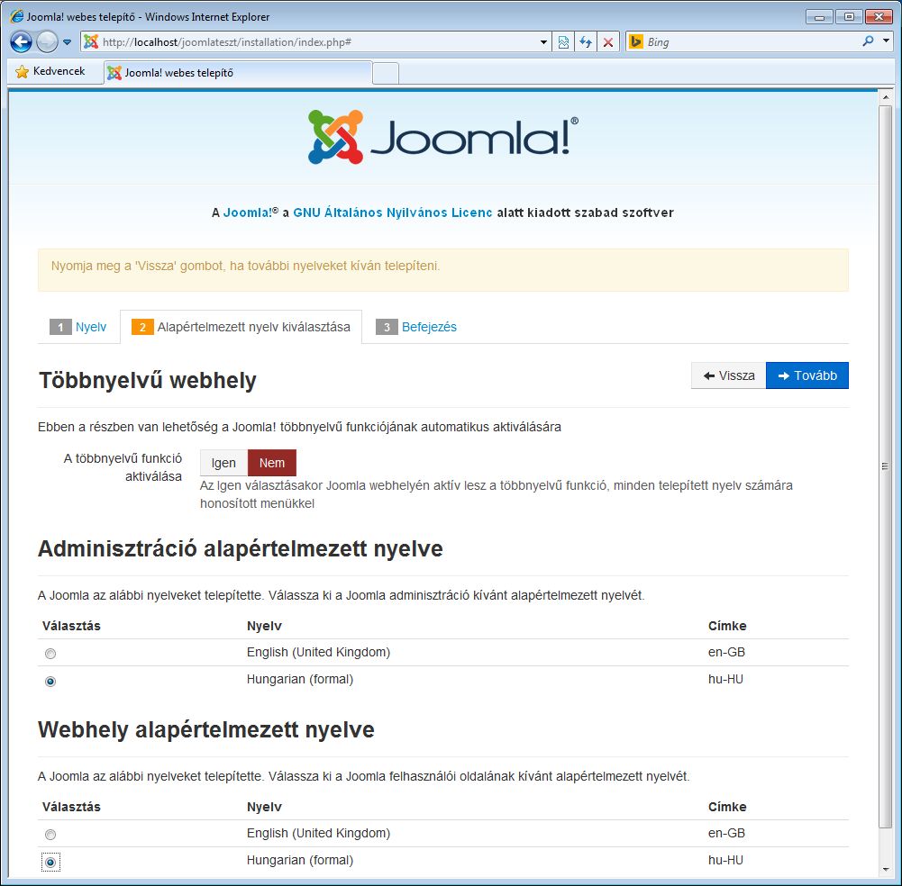 Joomla! 3.x telepítése 7. képernyő