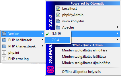 A WampServer 3 beállítása - komponensek verziói közötti átkapcsolás