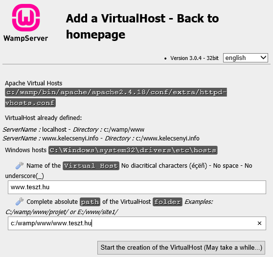 A WampServer 3 beállítása - Virtualhost nevének és elérési útjának beállítása