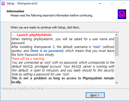WampServer 3 telepítése - figyelmeztetés a MySQL biztonsági beállításaival kapcsolatban