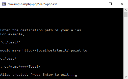 WampServer 3.1.3 beállítások - Alias létrehozása PHP parancssorban