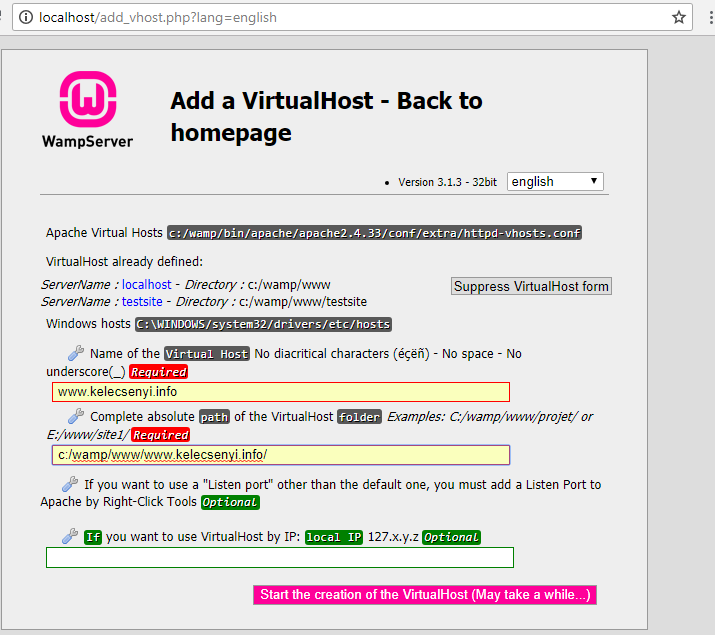 Joomla! 3.9.1 telepítése - Virtuális hoszt beállítása WampServerben