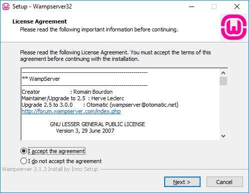 WampServer 3.1.3 telepítése - Licenc elfogadása